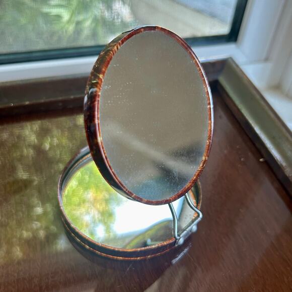 Vintage Metal Compact Mirror with Marbled Lid – 3.25”  Folding Vanity Mirror - Picture 2 of 10